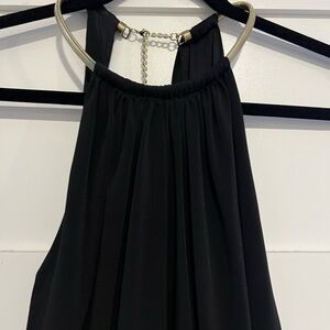 Jessica Simpson Elegant Black Halter Dress with Gold Chain Detail